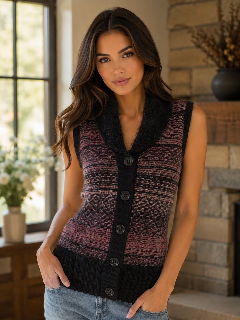 KUNA Peru Baby & Suri Alpaca Silk Fair Isle Shawl Collar Sweater Vest Cardigan S